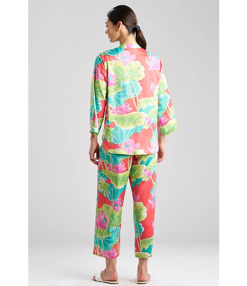 N by Natori Satin Lotus Print Long Sleeve Mandarin Collar Long Pajama Set
