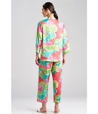 N by Natori Satin Lotus Print Long Sleeve Mandarin Collar Long Pajama Set