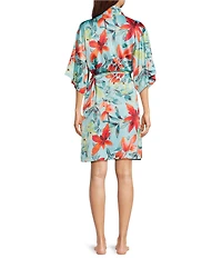 N by Natori Satin Tropical Breeze 3/4 Sleeve Belt Tie Coordinating Short Robe