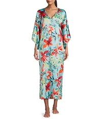 N by Natori Satin Tropical Breeze Print 3/4 Sleeve V-Neck Butterfly Caftan