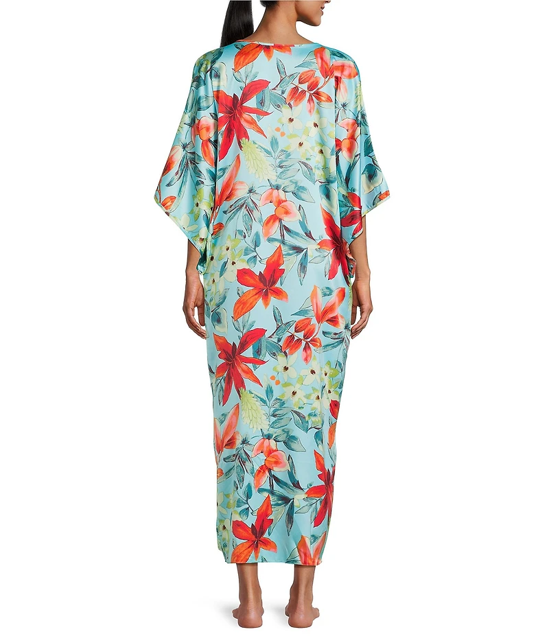 N by Natori Satin Tropical Breeze Print 3/4 Sleeve V-Neck Butterfly Caftan
