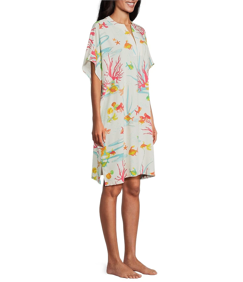 N By Natori Short Sleeve Mandarin Collar Woven Challis Ocean Embrace Print Nightshirt