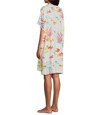 N By Natori Short Sleeve Mandarin Collar Woven Challis Ocean Embrace Print Nightshirt