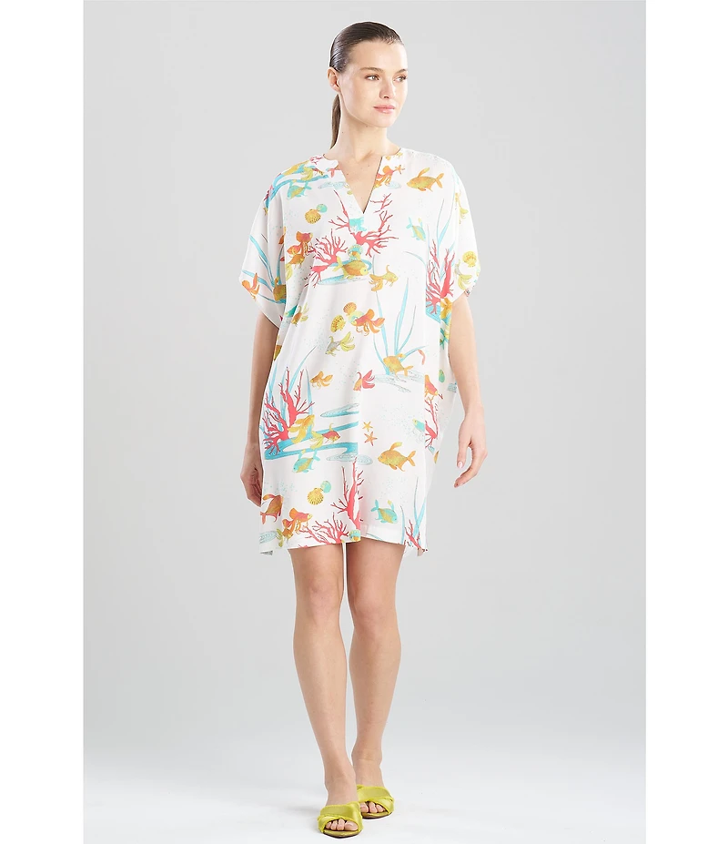 N By Natori Short Sleeve Mandarin Collar Woven Challis Ocean Embrace Print Nightshirt
