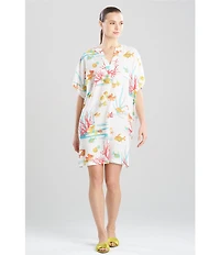 N By Natori Short Sleeve Mandarin Collar Woven Challis Ocean Embrace Print Nightshirt