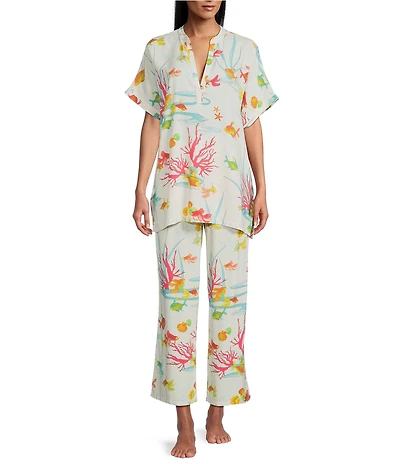 N By Natori Short Sleeve Mandarin Collar Woven Challis Ocean Embrace Print Pajama Set