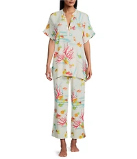 N By Natori Short Sleeve Mandarin Collar Woven Challis Ocean Embrace Print Pajama Set
