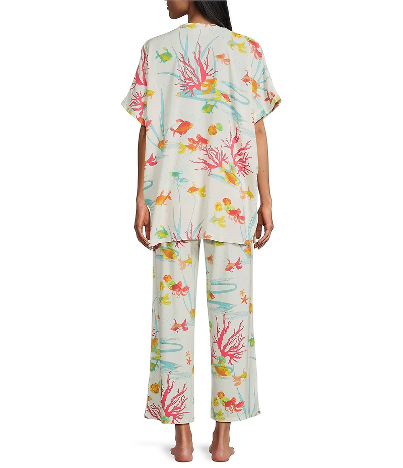 N By Natori Short Sleeve Mandarin Collar Woven Challis Ocean Embrace Print Pajama Set