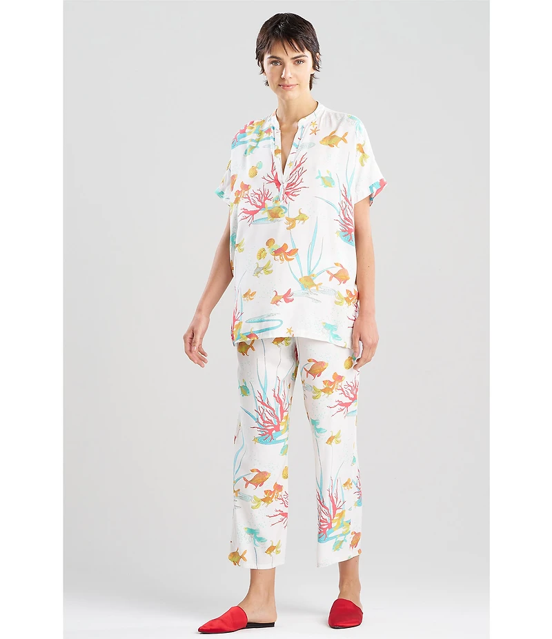 N By Natori Short Sleeve Mandarin Collar Woven Challis Ocean Embrace Print Pajama Set
