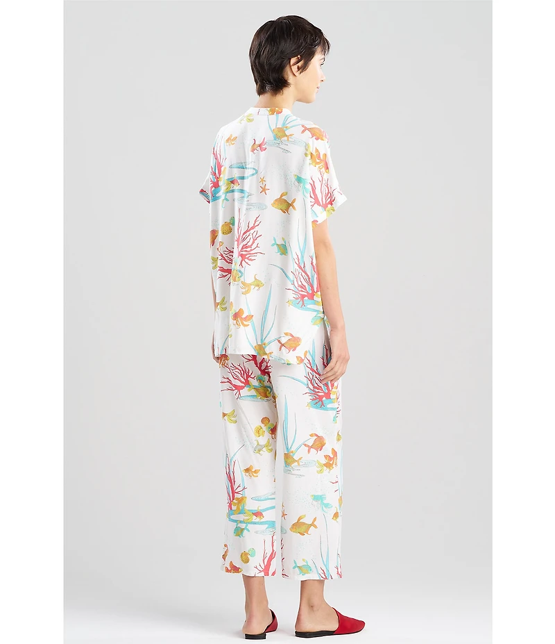 N By Natori Short Sleeve Mandarin Collar Woven Challis Ocean Embrace Print Pajama Set