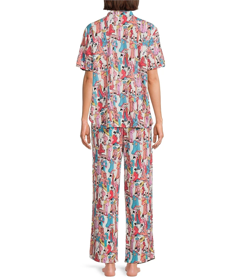 N By Natori Short Sleeve Mandarin Collar Woven Challis Printed Pajama Set