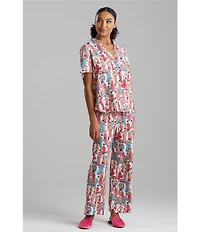 N By Natori Short Sleeve Mandarin Collar Woven Challis Printed Pajama Set