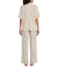 N by Natori Short Sleeve Split Round Neck Cozy Knit Leopard Pajama Set