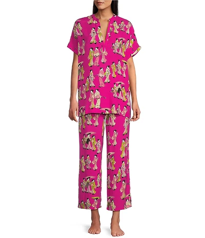 N By Natori Short Sleeve V-Neck Woven Challis Geisha Print Pajama Set