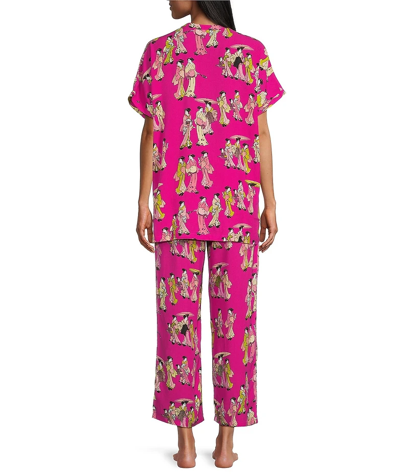 N By Natori Short Sleeve V-Neck Woven Challis Geisha Print Pajama Set