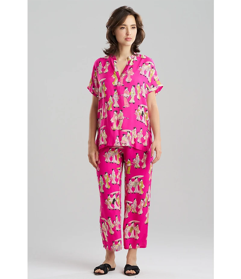 N By Natori Short Sleeve V-Neck Woven Challis Geisha Print Pajama Set