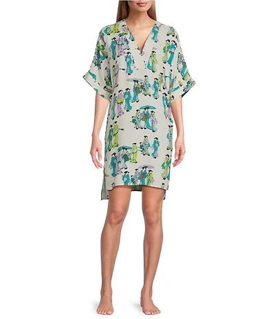 N By Natori Short Sleeve V-Neck Woven Challis Geisha Sleepshirt