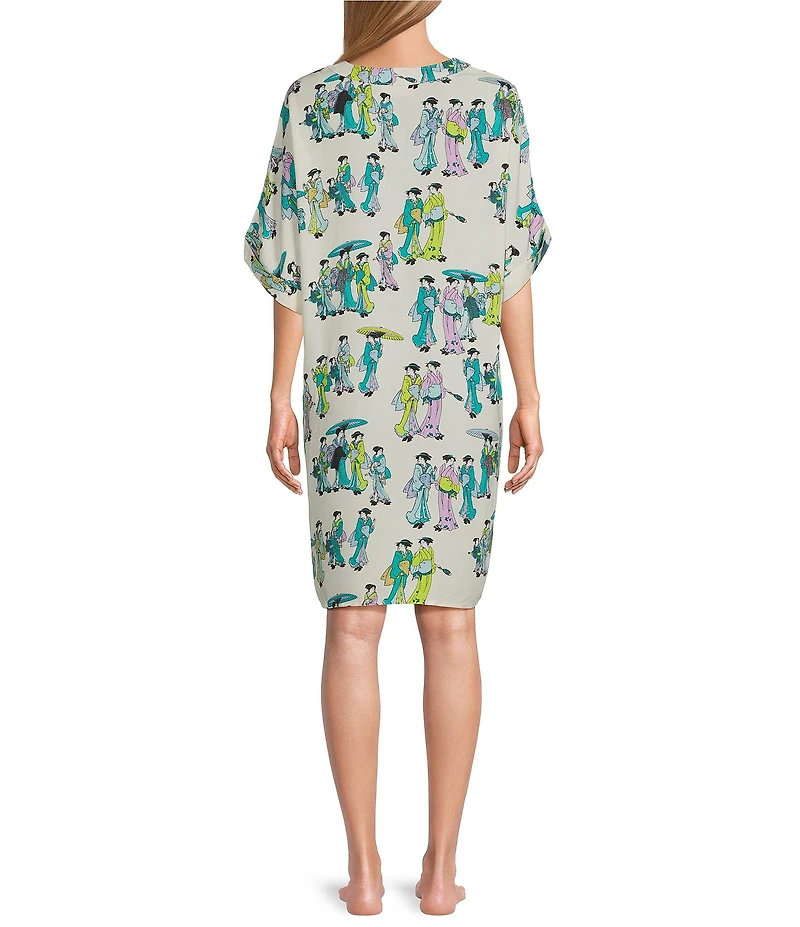 N By Natori Short Sleeve V-Neck Woven Challis Geisha Sleepshirt