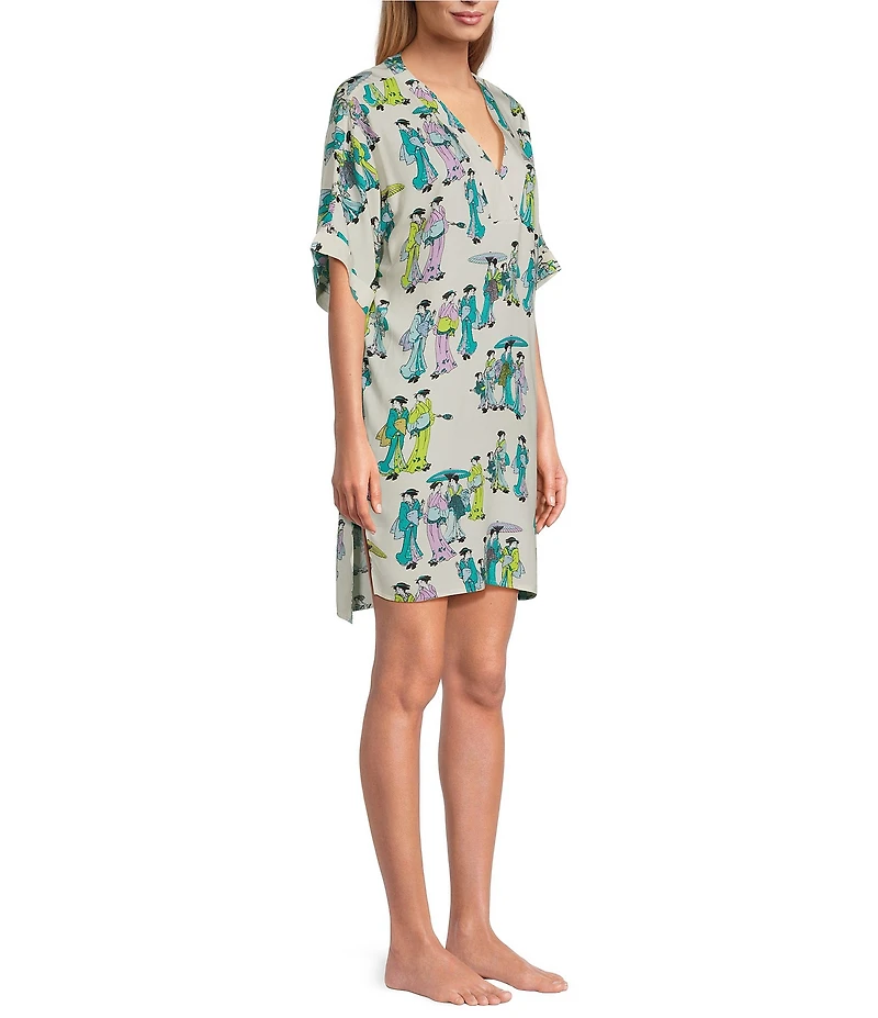 N By Natori Short Sleeve V-Neck Woven Challis Geisha Sleepshirt
