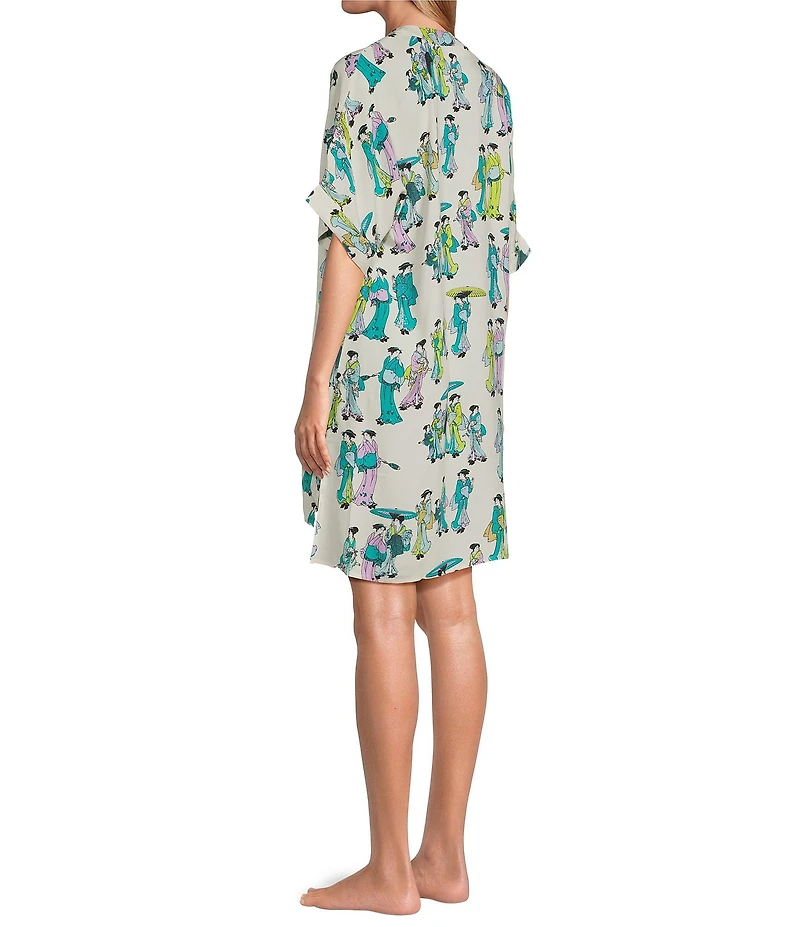 N By Natori Short Sleeve V-Neck Woven Challis Geisha Sleepshirt