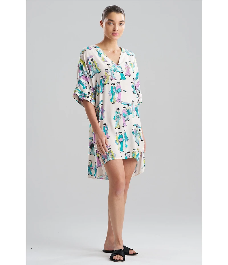 N By Natori Short Sleeve V-Neck Woven Challis Geisha Sleepshirt