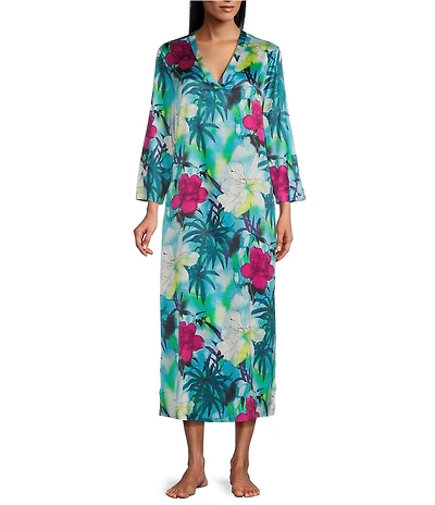 N by Natori Viva Satin Tropical Floral Print 3/4 Sleeve V-Neck Caftan