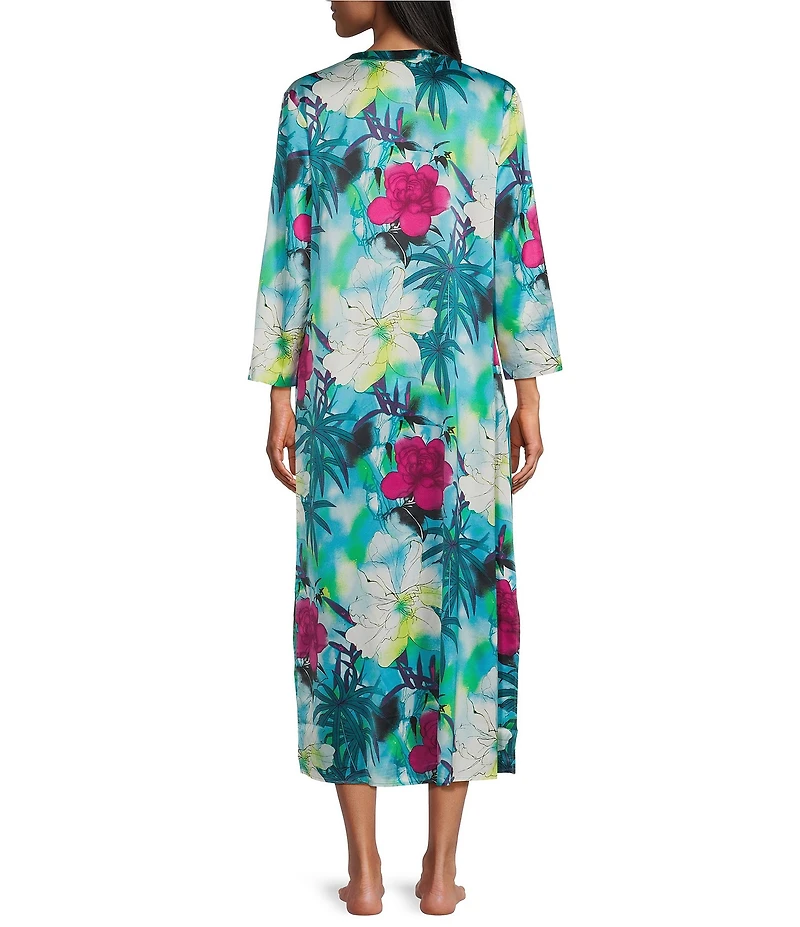 N by Natori Viva Satin Tropical Floral Print 3/4 Sleeve V-Neck Caftan