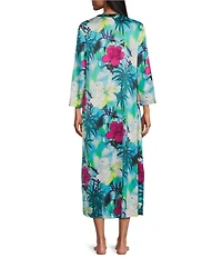 N by Natori Viva Satin Tropical Floral Print 3/4 Sleeve V-Neck Caftan