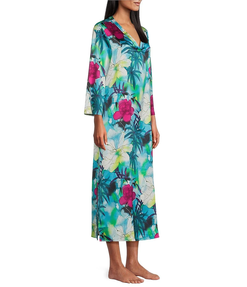 N by Natori Viva Satin Tropical Floral Print 3/4 Sleeve V-Neck Caftan
