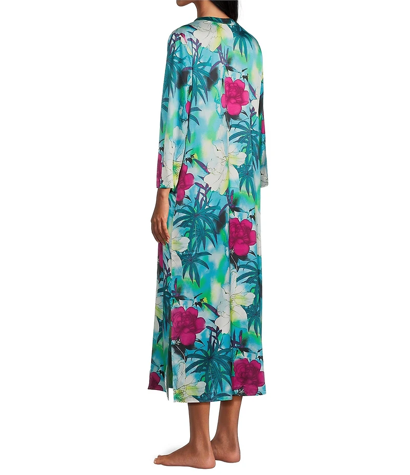 N by Natori Viva Satin Tropical Floral Print 3/4 Sleeve V-Neck Caftan