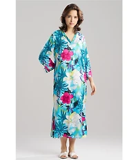 N by Natori Viva Satin Tropical Floral Print 3/4 Sleeve V-Neck Caftan
