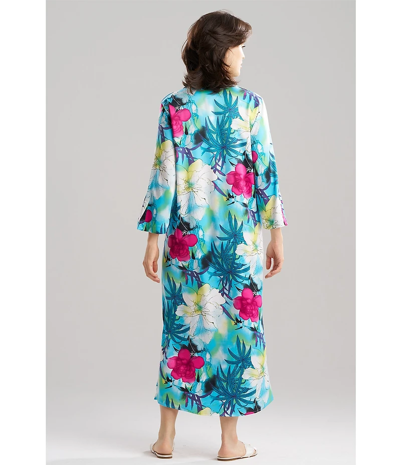 N by Natori Viva Satin Tropical Floral Print 3/4 Sleeve V-Neck Caftan