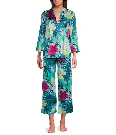 N by Natori Viva Satin Tropical Floral Print Long Sleeve Mandarin Collar Long Pajama Set