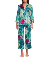 N by Natori Viva Satin Tropical Floral Print Long Sleeve Mandarin Collar Long Pajama Set