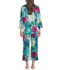 N by Natori Viva Satin Tropical Floral Print Long Sleeve Mandarin Collar Long Pajama Set