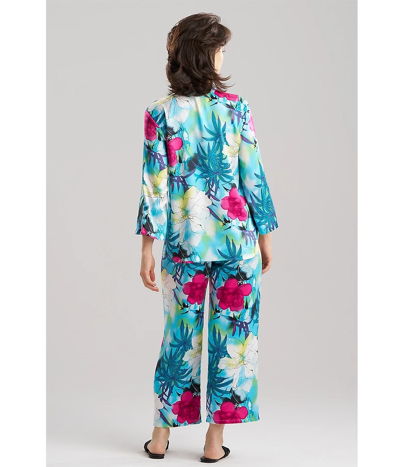 N by Natori Viva Satin Tropical Floral Print Long Sleeve Mandarin Collar Long Pajama Set