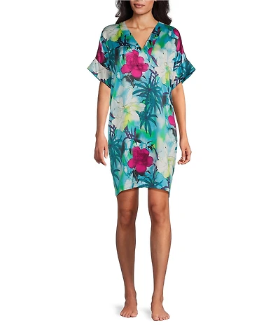 N By Natori Viva Satin Tropical Floral Short Sleeve V-Neck Sleepshirt