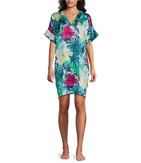 N By Natori Viva Satin Tropical Floral Short Sleeve V-Neck Sleepshirt