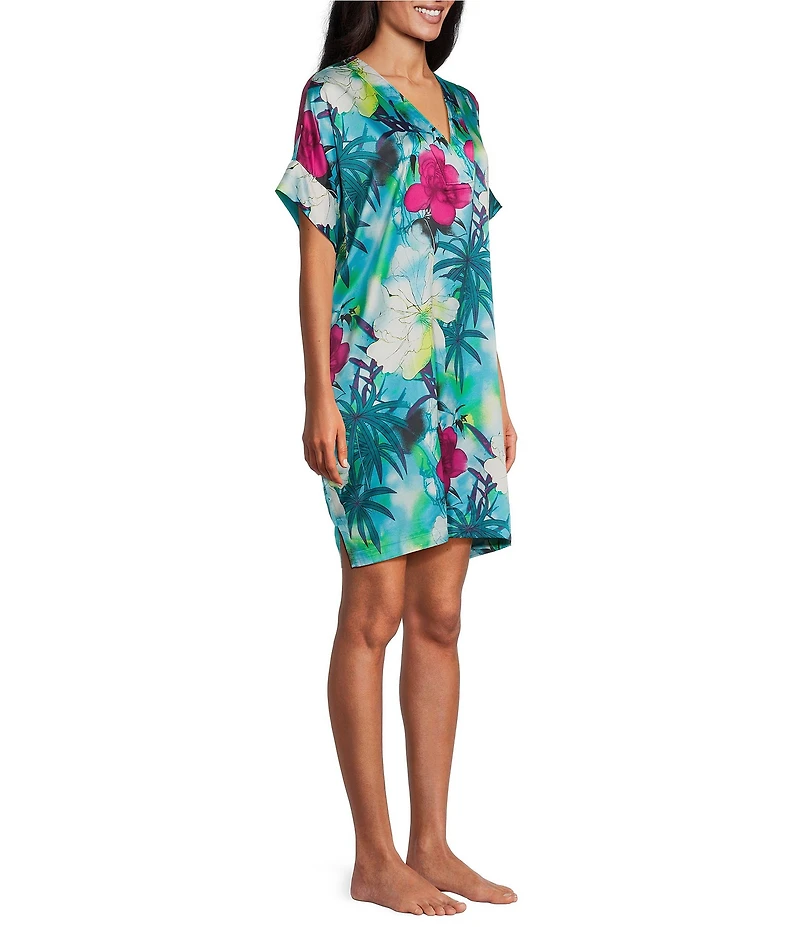 N By Natori Viva Satin Tropical Floral Short Sleeve V-Neck Sleepshirt