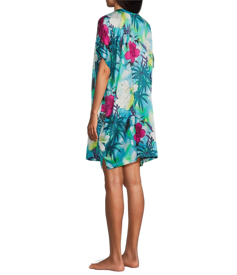 N By Natori Viva Satin Tropical Floral Short Sleeve V-Neck Sleepshirt