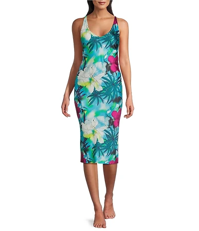 N by Natori Viva Sleeveless V-Neck Satin Tropical Floral Print Coordinating Nightgown