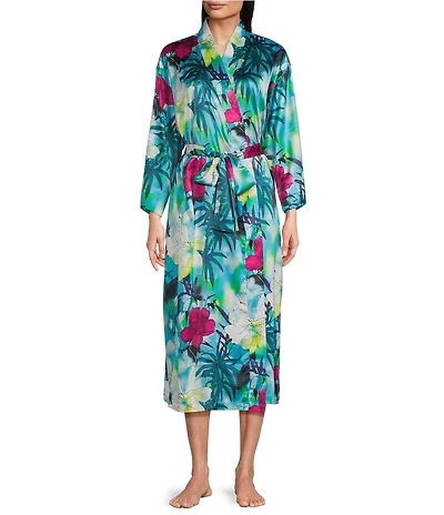 N by Natori Viva Tropical Floral Print Long Sleeve Shawl Collar Satin Coordinating Robe