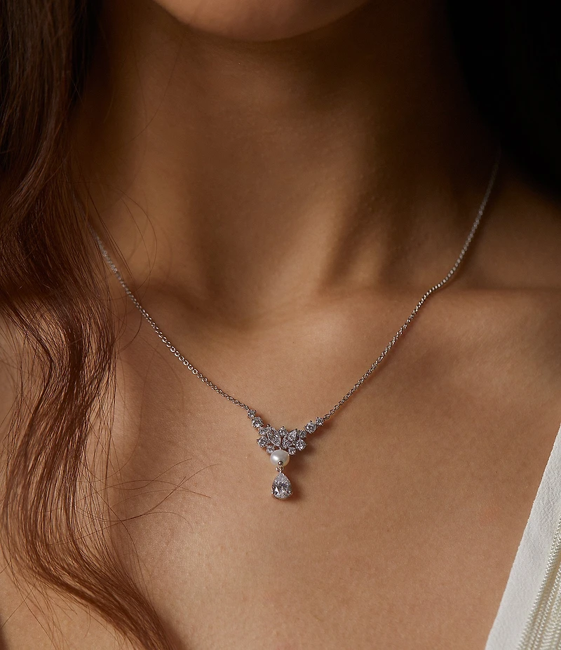 Nadri Ravish Freshwater Pearl CZ Drop Frontal Short Pendant Necklace