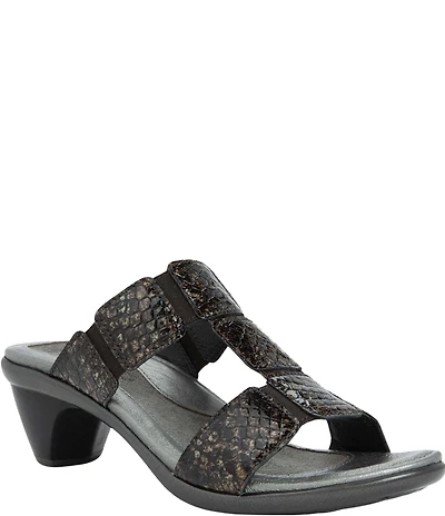 Naot Form Leather Snake Print Embossed Block Heel Slide Sandals