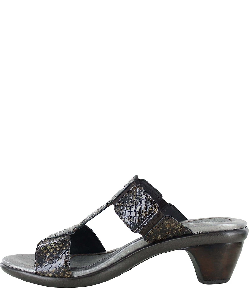 Naot Form Leather Snake Print Embossed Block Heel Slide Sandals