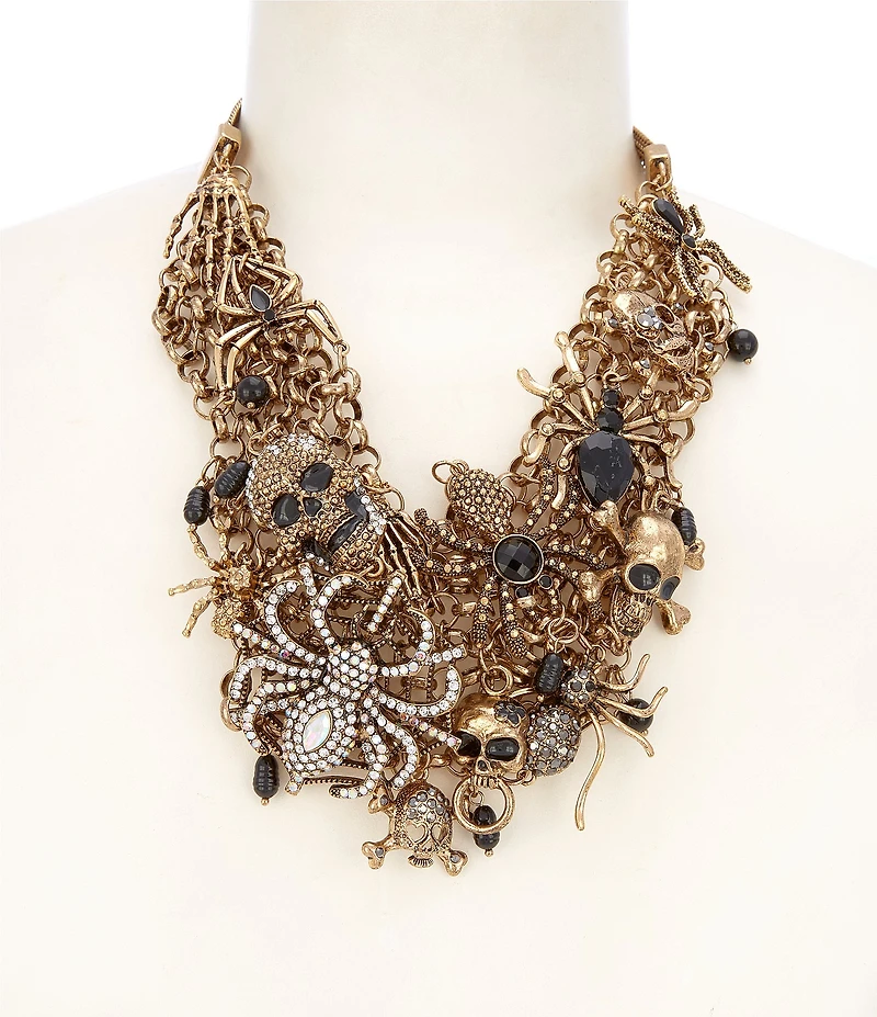 Natasha Accessories Halloween Skull Spider Rhinestone Statement Necklace