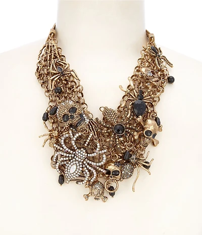 Natasha Accessories Halloween Skull Spider Rhinestone Statement Necklace