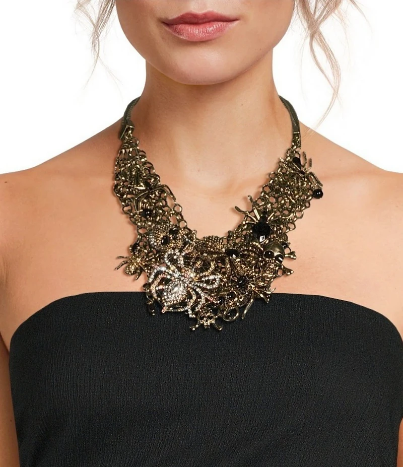 Natasha Accessories Halloween Skull Spider Rhinestone Statement Necklace