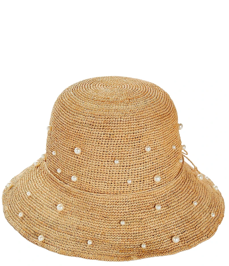 Natasha Accessories Raffia Pearl Scatter Bow Bucket Hat