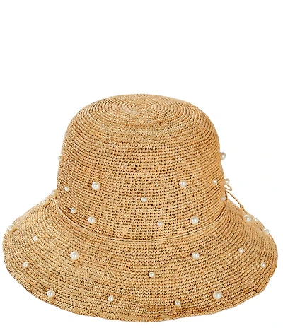 Natasha Accessories Raffia Pearl Scatter Bow Bucket Hat